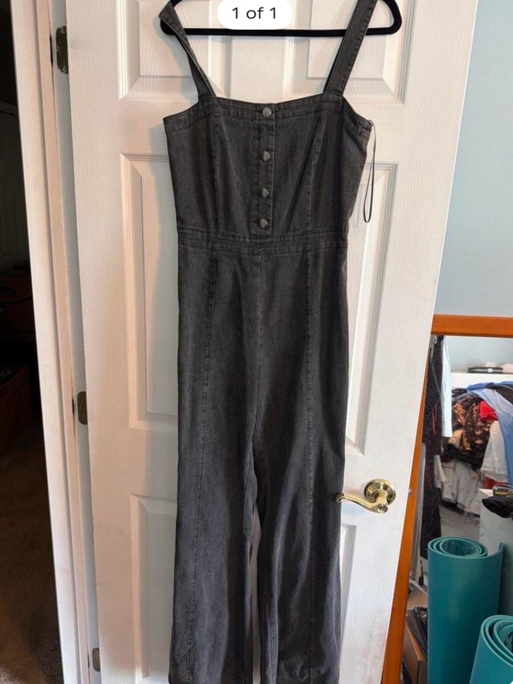Vici Charcoal Button-Front Denim-Style Jumpsuit